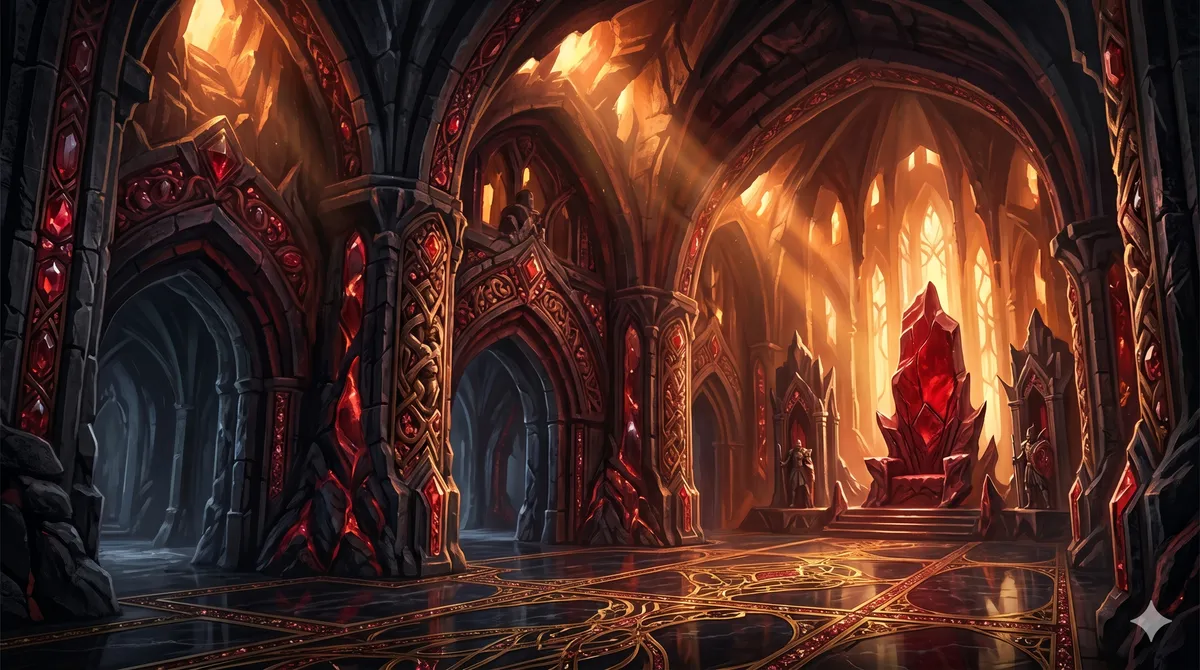 An opulent, jewel-toned subterranean hall within the Forest House, where the warm autumn light filtering from above sharply contrasts with the dark, oppressive architecture of Beron&rsquo;s cutthroat power.